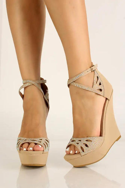 Taupe Nubuck Rhinestone Shimmery Cut Out Wedges - AMIClubwear