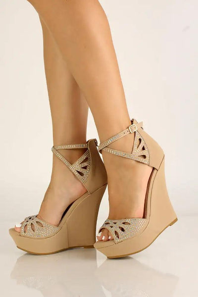 Taupe Nubuck Rhinestone Shimmery Cut Out Wedges - AMIClubwear