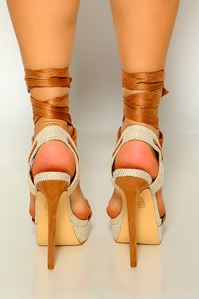 Taupe Nude Open Toe Platform Lace Up High Heels - AMIClubwear