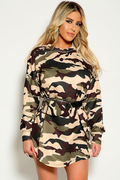 Taupe Olive Camouflage Print Long Sleeves Dress - AMIClubwear