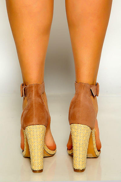 Taupe Open Toe Ankle Strap Woven Chunky High Heel - AMIClubwear