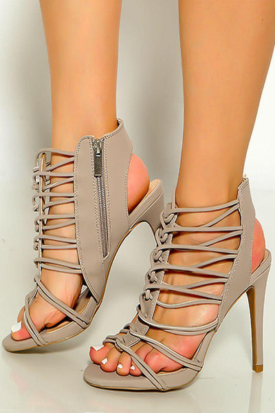 Taupe Open Toe Caged Strappy High Heels - AMIClubwear