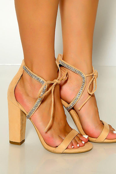 Taupe Open Toe Lace Up Rhinestone Trimmed High Heels - AMIClubwear