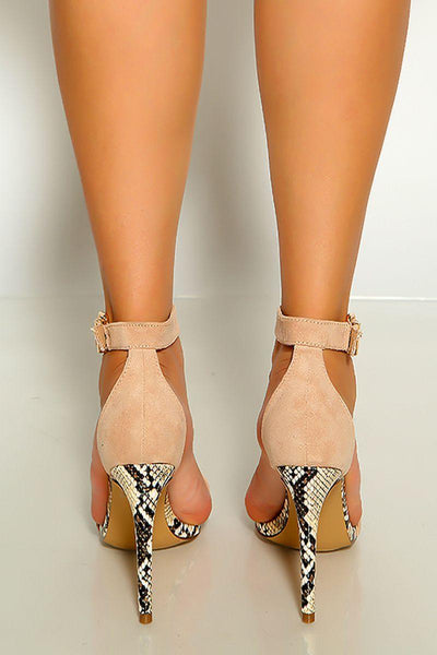 Taupe Open Toe Snake Print High Polish Detail Ankle Strap High Heels - AMIClubwear