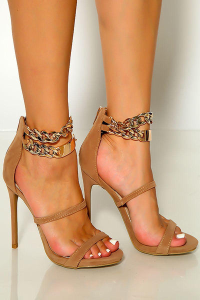 Taupe Open Toe Strappy Chain Ankle Strap High Heels - AMIClubwear