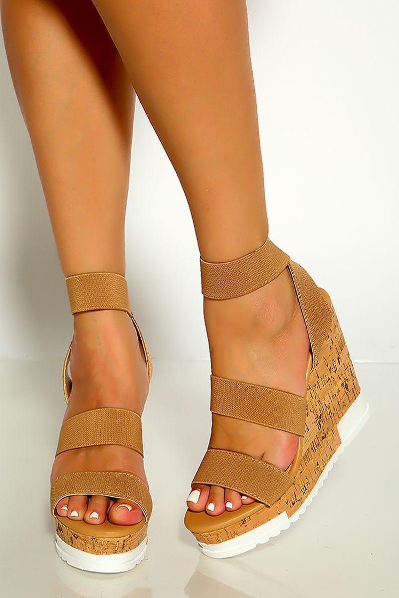 Taupe Open Toe Strappy Elastic Slip On Platform Wedges - AMIClubwear