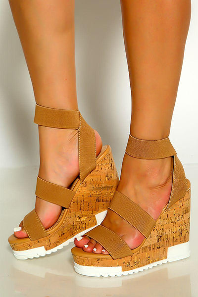 Taupe Open Toe Strappy Elastic Slip On Platform Wedges - AMIClubwear