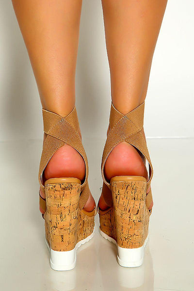 Taupe Open Toe Strappy Elastic Slip On Platform Wedges - AMIClubwear