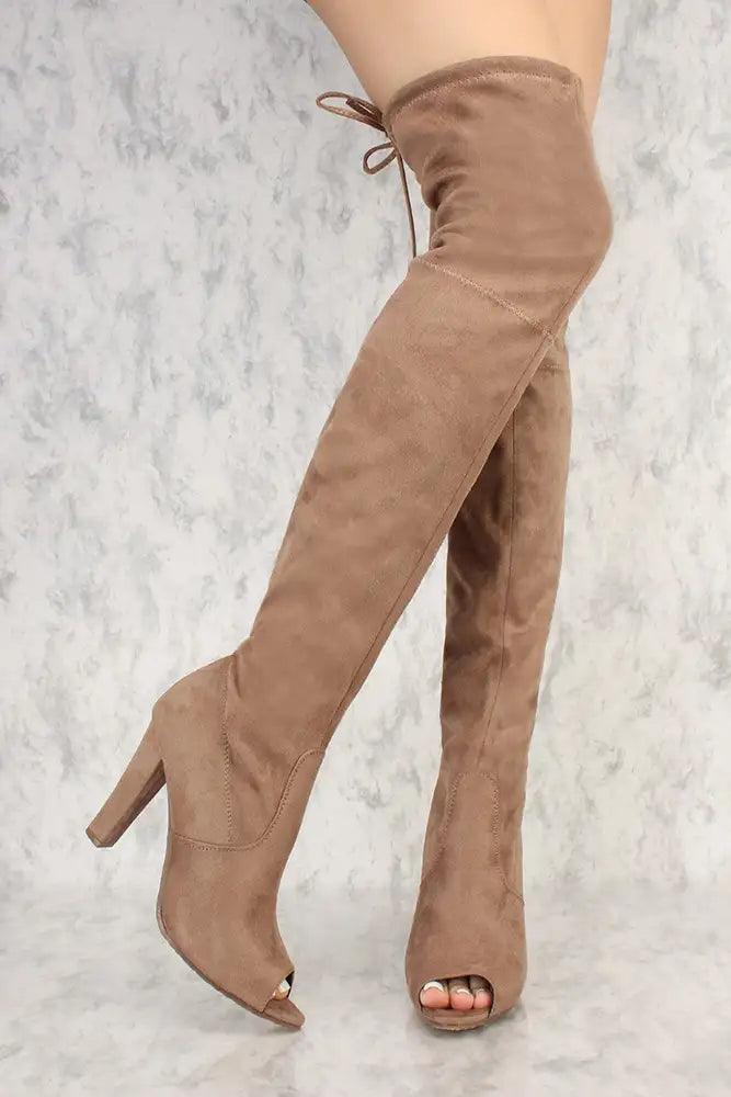 Taupe Peep Toe Thigh High Chunky High Heel Faux Suede - AMIClubwear