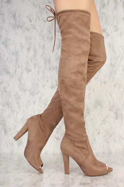 Taupe Peep Toe Thigh High Chunky High Heel Faux Suede - AMIClubwear