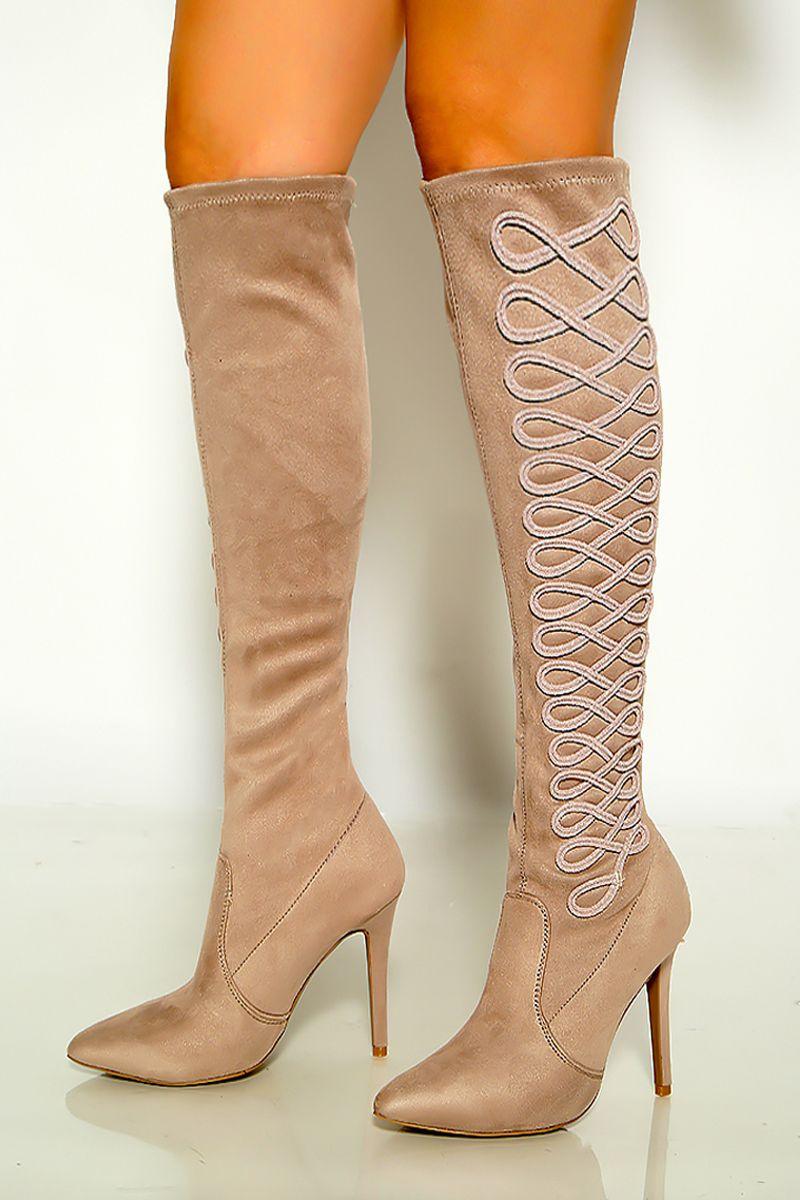 Taupe Pointy Toe Embroidered Detail Knee High Boots - AMIClubwear