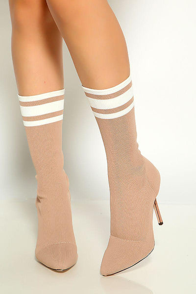 Taupe Pointy Toe Slip On High Heel Sock Boots - AMIClubwear