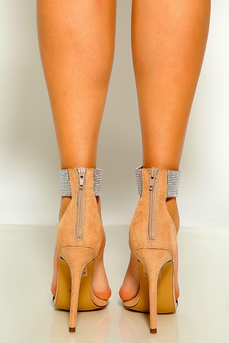 Taupe Rhinestone Ankle Strap Open Toe High Heels - AMIClubwear