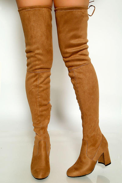 Taupe Round Toe Faux Suede Chunky High Heel Thigh High Boots - AMIClubwear