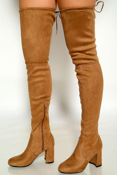 Taupe Round Toe Faux Suede Chunky High Heel Thigh High Boots - AMIClubwear