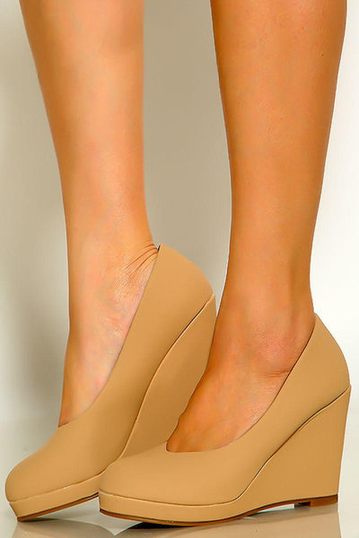 Taupe Round Toe Patent Platform Wedges - AMIClubwear