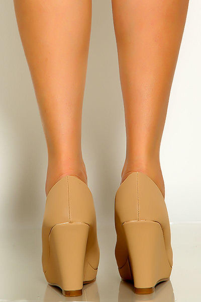 Taupe Round Toe Patent Platform Wedges - AMIClubwear