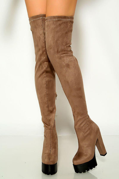 Taupe Round Toe Platform Chunky High Heels Boots - AMIClubwear