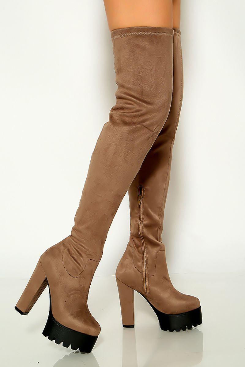 Taupe Round Toe Platform Chunky High Heels Boots - AMIClubwear