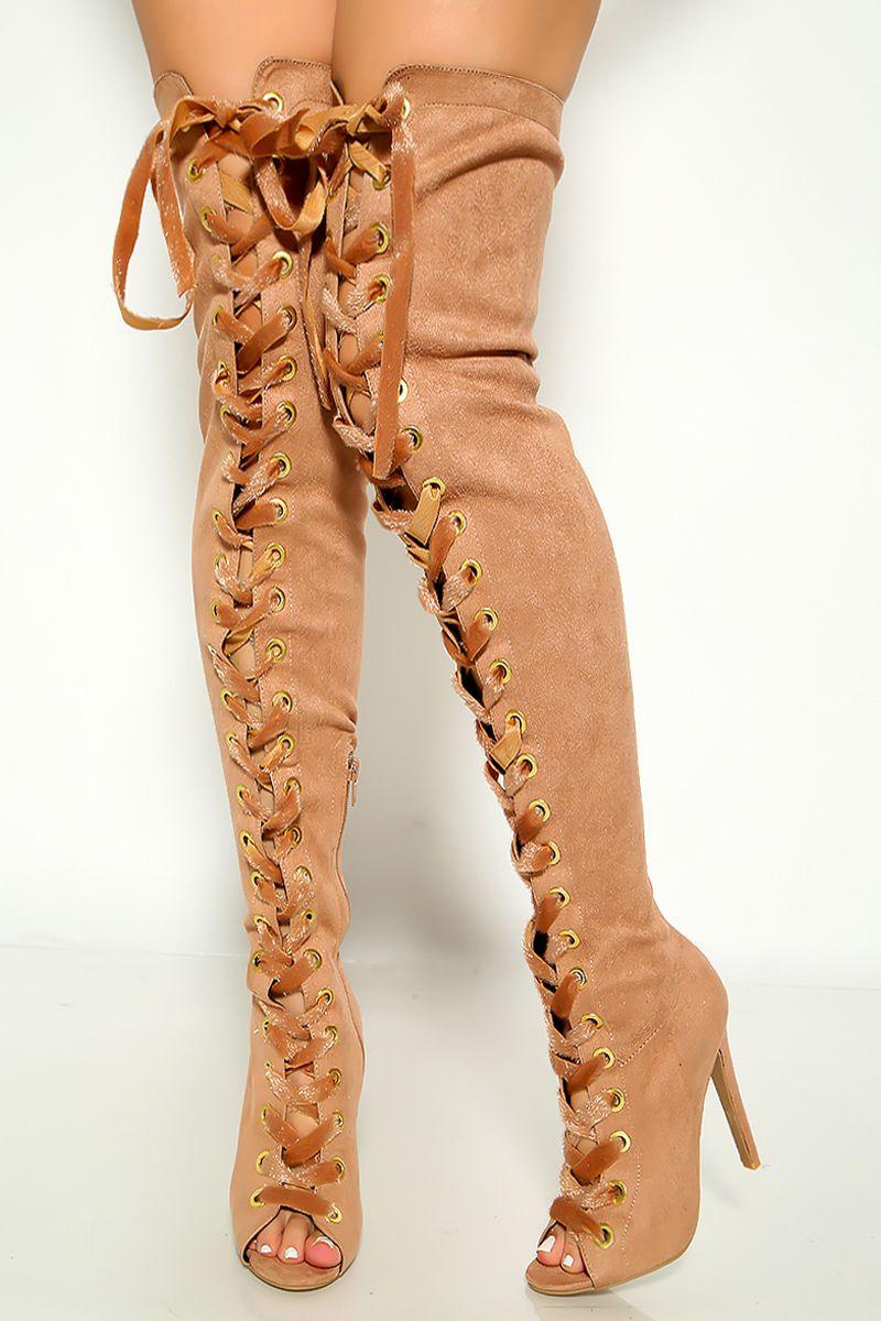 Taupe Suede Lace Up Open Toe Thigh High Heel Boots - AMIClubwear