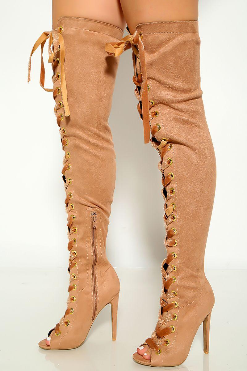 Taupe Suede Lace Up Open Toe Thigh High Heel Boots - AMIClubwear