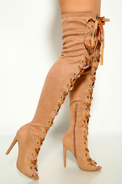 Taupe Suede Lace Up Open Toe Thigh High Heel Boots - AMIClubwear