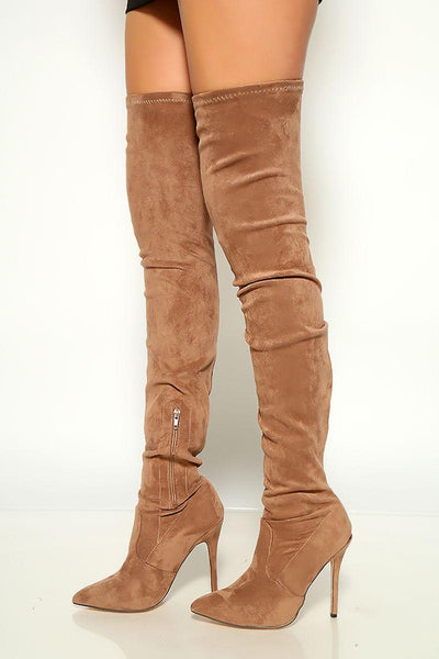 Taupe Suede Poity Toe High Heel Thigh High Boots - AMIClubwear