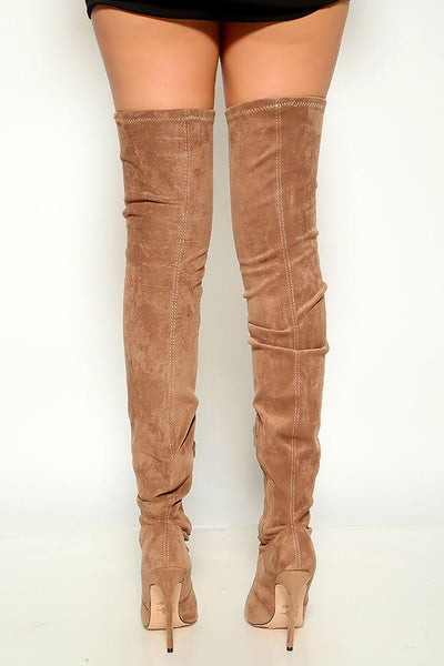 Taupe Suede Poity Toe High Heel Thigh High Boots - AMIClubwear