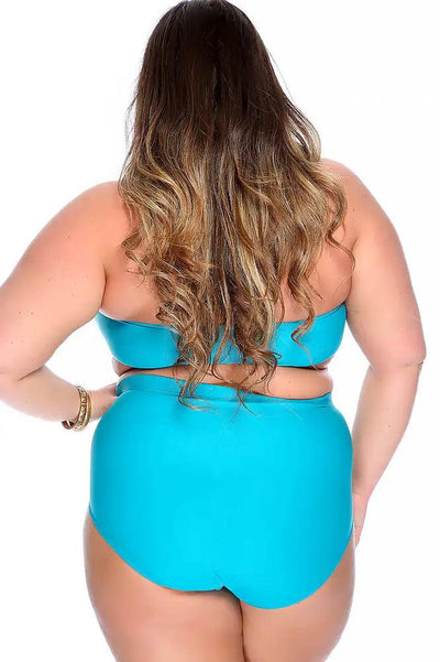 Teal Bold Halter Top Ruched High Waist Two Piece Swimsuit Plus - AMIClubwear