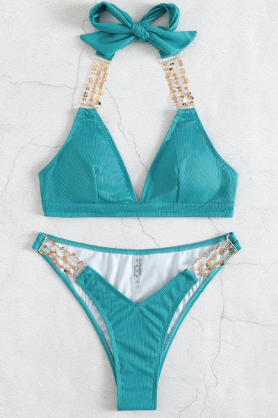 Teal Coin Accent Halter Sexy Two Piece Swimsuit - AMIClubwear