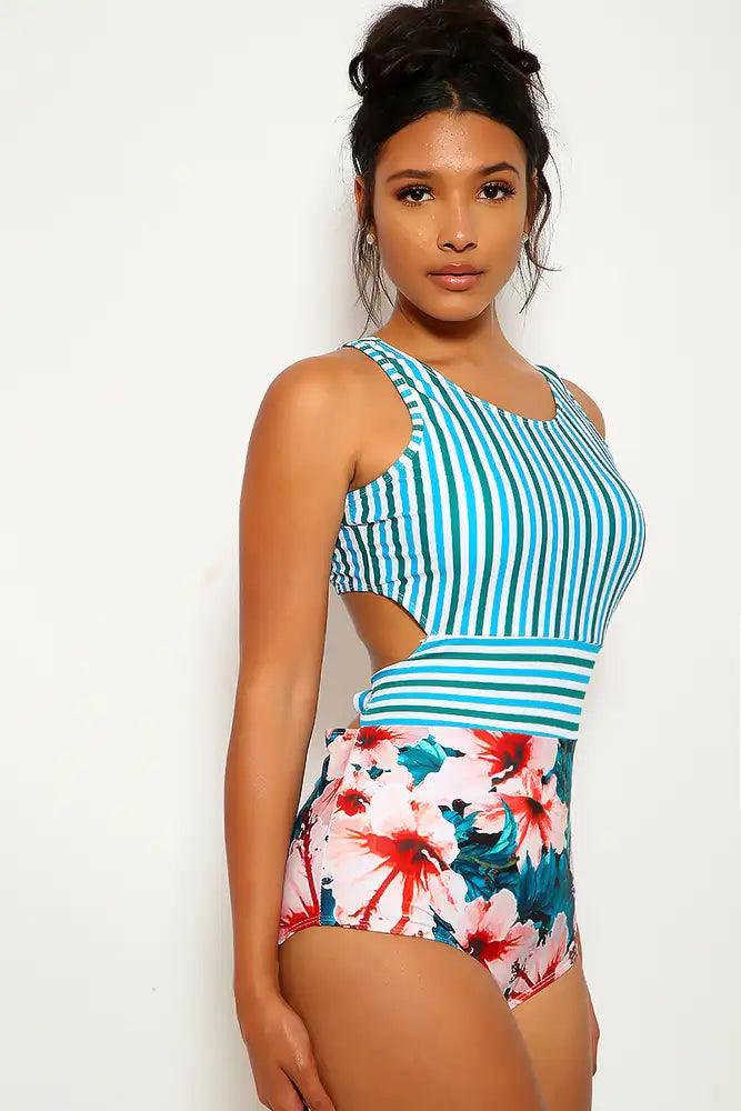 Teal Floral Striped One Piece Swimsuit - AMIClubwear