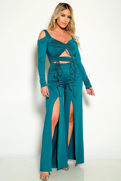 Teal Long Sleeves Flared Two Piece Outfit - AMIClubwear