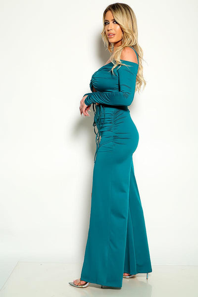 Teal Long Sleeves Flared Two Piece Outfit - AMIClubwear