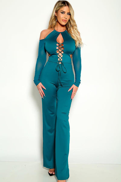 Teal Long Sleeves Lace Up Flared Jumpsuit - AMIClubwear