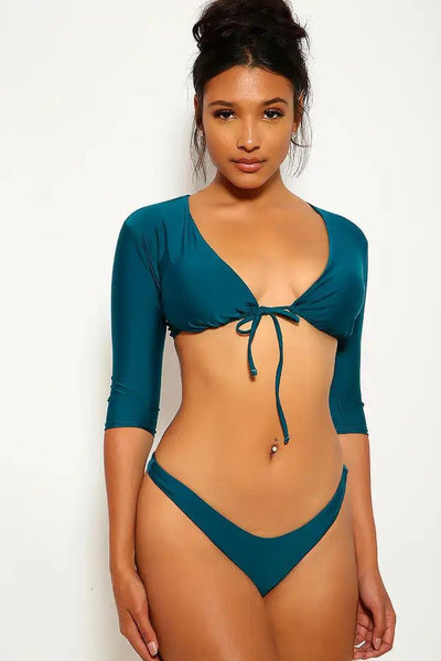 Teal Long Sleeves Pucker Back Two Piece Swimsuit - AMIClubwear