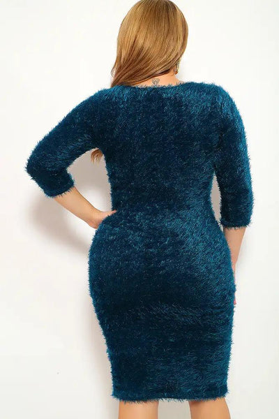 Teal Mohair Knitted Plus Size Party Dress - AMIClubwear
