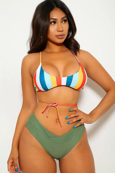 Teal Olive Striped High Waist Two Piece Swimsuit - AMIClubwear