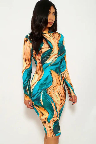 Teal Peach Mock Neck Party Dress - AMIClubwear