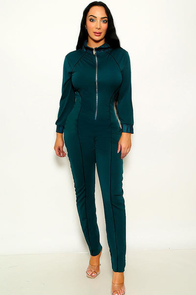 Teal Round Neck Long Sleeve Zip Up Jumpsuit - AMIClubwear