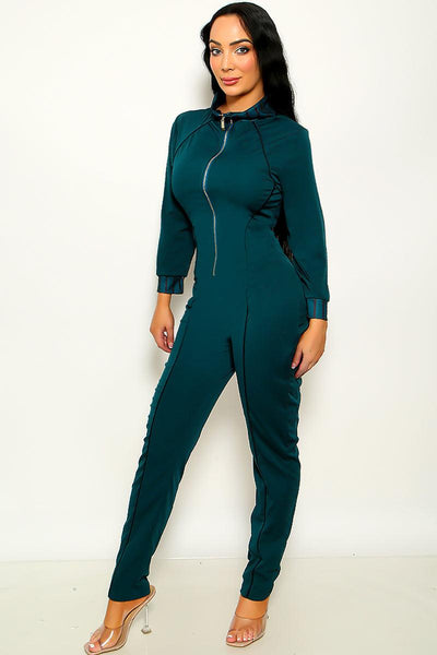 Teal Round Neck Long Sleeve Zip Up Jumpsuit - AMIClubwear