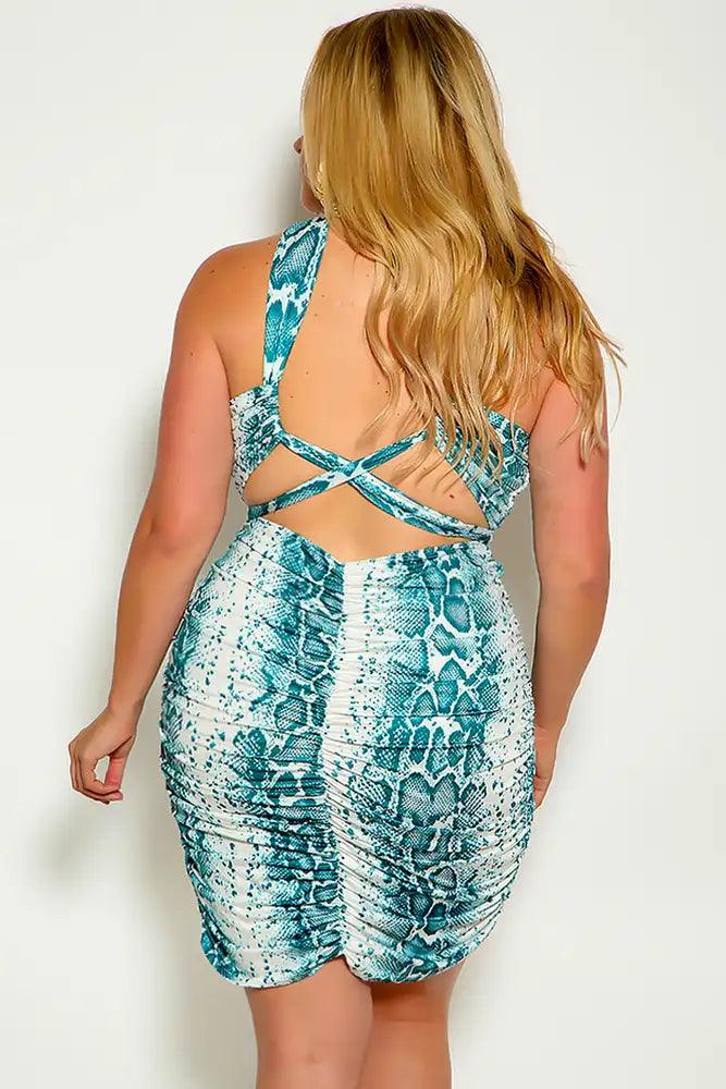 Teal Snake Print Halter Twist Ruched Party Plus Size Dress - AMIClubwear