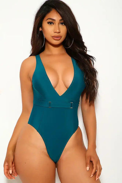 Teal V Cut One Piece Swimsuit - AMIClubwear