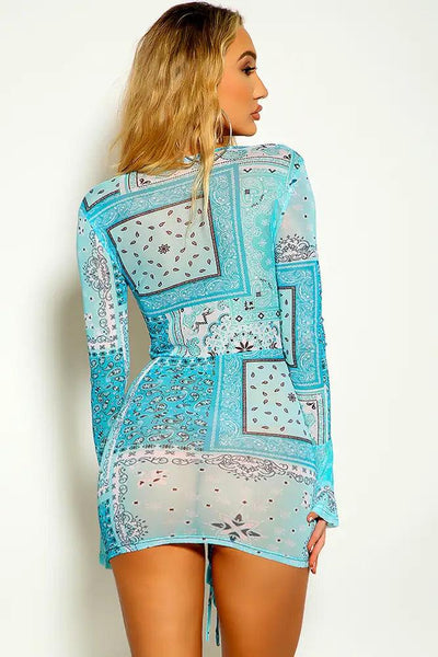 Teal White Paisley Print Long Sleeve Mesh Ruched Dress - AMIClubwear