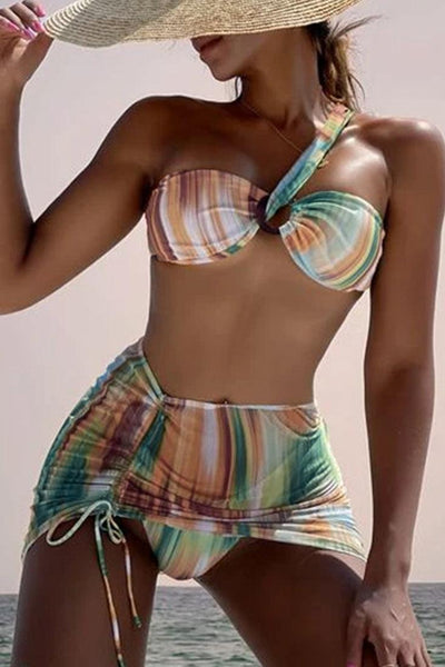 Tie Dye Printed One Shoulder 3 Pc Swimsuit With Skirt Cover Up - AMIClubwear