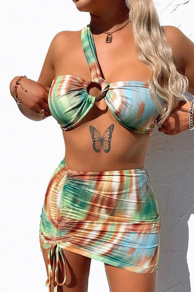 Tie Dye Printed One Shoulder 3 Pc Swimsuit With Skirt Cover Up - AMIClubwear