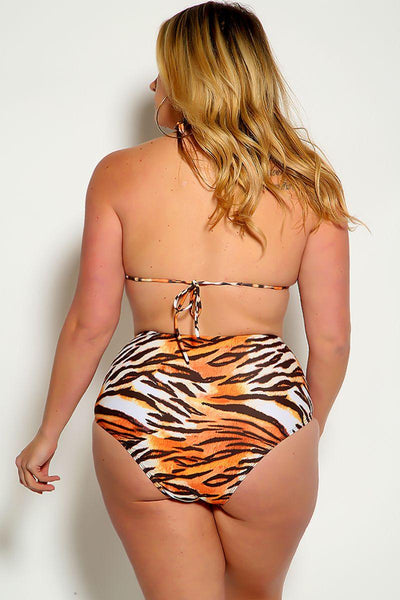 Tiger Halter Rhinestone Detail High Waist Plus Size Two Piece Swimsuit - AMIClubwear