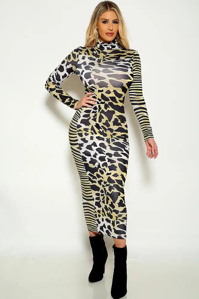 Tiger Long Sleeve Mock Neck Midi Party Dress - AMIClubwear