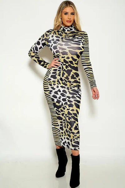 Tiger Long Sleeve Mock Neck Midi Party Dress - AMIClubwear