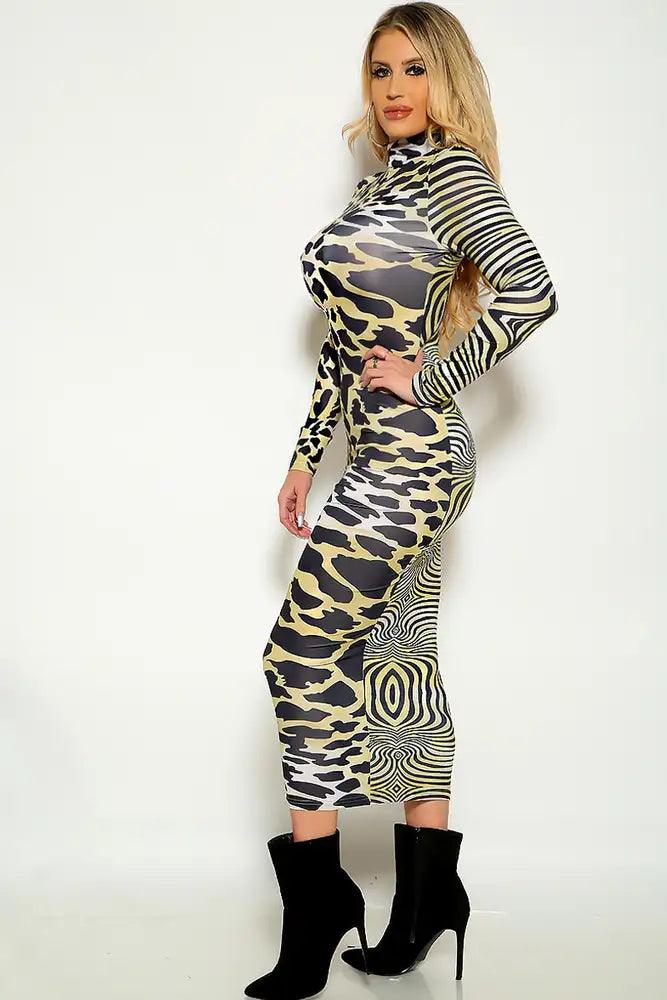 Tiger Long Sleeve Mock Neck Midi Party Dress - AMIClubwear