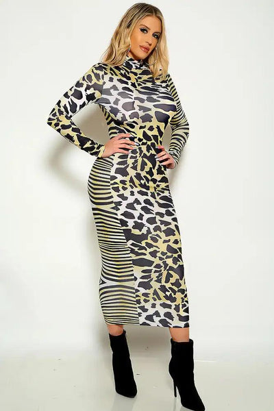 Tiger Long Sleeve Mock Neck Midi Party Dress - AMIClubwear